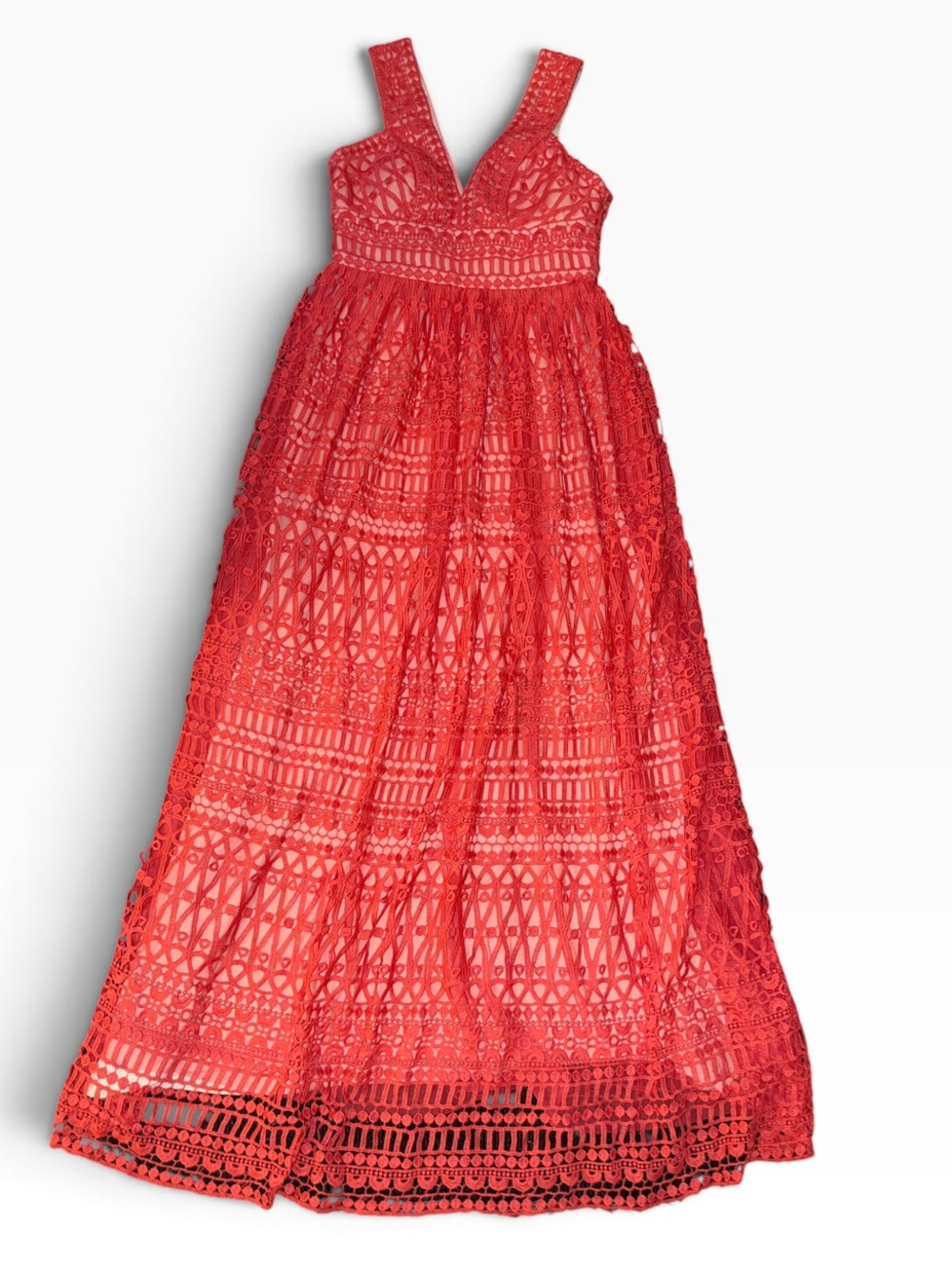 Nicole Miller Geometric Overlay Maxi Dress Vibrant Red Orange Size 6